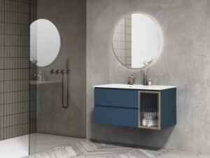 Volcan Matte Blue Wall Hung 1000mm Vanity Unit and White 0TH Basin