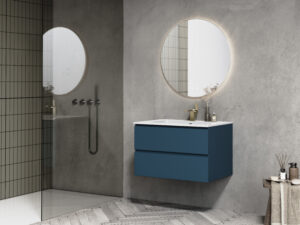 Volcan Matte Blue Wall Hung 600mm Vanity Unit and White Basin